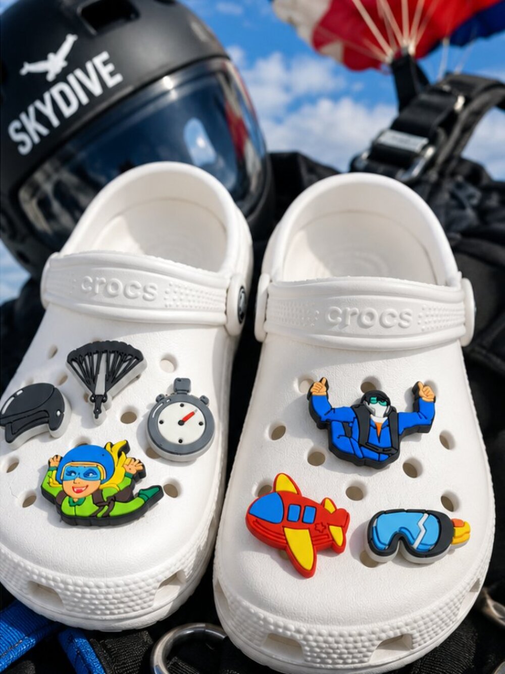 Skydiving Croc Charms 7pc Parachute Skydiver Plane Helmet Shoe Jewelry Set